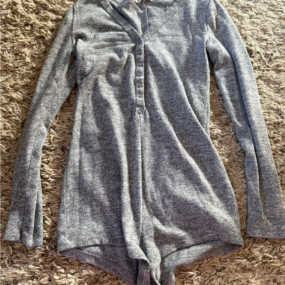 Cabin Fever Gray Button-Up Pajama Romper